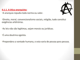 4.1.1. A ética anarquista: 
•A anarquia repudia toda norma ou valor. 
•Direito, moral, convencionalismo sociais, religião, tudo constitui 
exigências arbitrárias. 
•As leis não são legítimas, sejam morais ou jurídicas. 
•É uma doutrina egoísta. 
•Prepondera a vontade humana, e esta varia de pessoa para pessoa. 
 