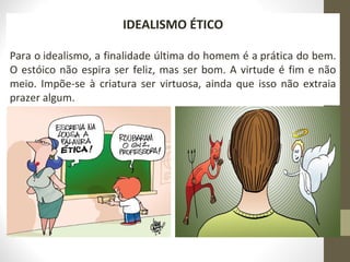192 
IDEALISMO ÉTICO 
Para o idealismo, a finalidade última do homem é a prática do bem. 
O estóico não espira ser feliz, mas ser bom. A virtude é fim e não 
meio. Impõe-se à criatura ser virtuosa, ainda que isso não extraia 
prazer algum. 
 