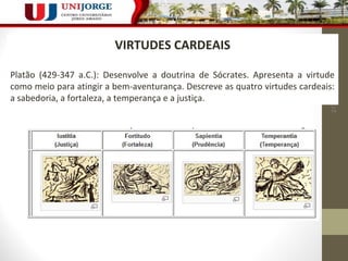 217 
VIRTUDES CARDEAIS 
Platão (429-347 a.C.): Desenvolve a doutrina de Sócrates. Apresenta a virtude 
como meio para atingir a bem-aventurança. Descreve as quatro virtudes cardeais: 
a sabedoria, a fortaleza, a temperança e a justiça. 
 