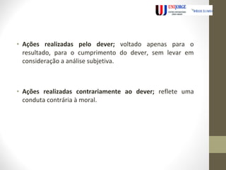 • Ações realizadas pelo dever; voltado apenas para o 
resultado, para o cumprimento do dever, sem levar em 
consideração a análise subjetiva. 
• Ações realizadas contrariamente ao dever; reflete uma 
conduta contrária à moral. 
 