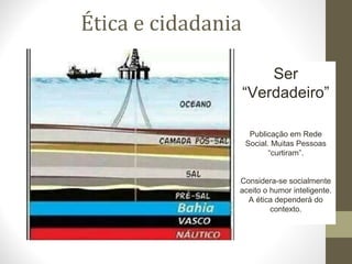Ética e cidadania 
Ser 
“Verdadeiro” 
Publicação em Rede 
Social. Muitas Pessoas 
“curtiram”. 
Considera-se socialmente 
aceito o humor inteligente. 
A ética dependerá do 
contexto. 
 