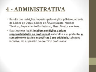 4 - ADMINISTRATIVA 
• Resulta das restrições impostas pelos órgãos públicos, através 
do Código de Obras, Código de Água e Esgoto, Normas 
Técnicas, Regulamento Profissional, Plano Diretor e outros. 
• Essas normas legais impõem condições e criam 
responsabilidades ao profissional, cabendo a ele, portanto, o 
cumprimento das leis específicas à sua atividade, sob pena 
inclusive, de suspensão do exercício profissional. 
 