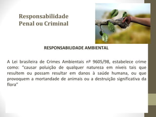 Responsabilidade 
Penal ou Criminal 
RESPONSABILIDADE AMBIENTAL 
A Lei brasileira de Crimes Ambientais nº 9605/98, estabelece crime 
como: “causar poluição de qualquer natureza em níveis tais que 
resultem ou possam resultar em danos à saúde humana, ou que 
provoquem a mortandade de animais ou a destruição significativa da 
flora” 
 
