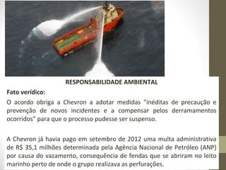 RESPONSABILIDADE AMBIENTAL 
Fato verídico: 
O acordo obriga a Chevron a adotar medidas "inéditas de precaução e 
prevenção de novos incidentes e a compensar pelos derramamentos 
ocorridos" para que o processo pudesse ser suspenso. 
A Chevron já havia pago em setembro de 2012 uma multa administrativa 
de R$ 35,1 milhões determinada pela Agência Nacional de Petróleo (ANP) 
por causa do vazamento, consequência de fendas que se abriram no leito 
marinho perto de onde o grupo realizava as perfurações. 
 