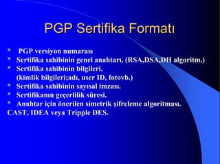 PGP Sertifika FormatıPGP Sertifika Formatı
* PGP versiyon numarası
* Sertifika sahibinin genel anahtarı. (RSA,DSA,DH algoritm.)
* Sertifika sahibinin bilgileri.
(kimlik bilgileri;adı, user ID, fotovb.)
* Sertifika sahibinin sayısal imzası.
* Sertifikanın geçerlilik süresi.
* Anahtar için önerilen simetrik şifreleme algoritması.
CAST, IDEA veya Tripple DES.
 