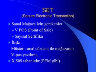 Sanal Mağaza için gerekenler
- V POS (Point of Sale)
- Sayısal Sertifika
İlişki
Müşteri sanal cüzdanı ile mağazanın
V-pos yazılımı.
X.509 tabanlıdır (PEM gibi)
SETSET
(Secure Electronic Transaction)(Secure Electronic Transaction)
 