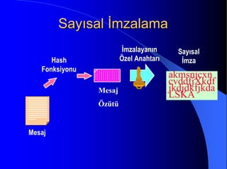 Sayısal İmzalamaSayısal İmzalama
Hash
Fonksiyonu
Mesaj
İmzalayanın
Özel Anahtarı
Sayısal
İmza
akmsnjcxn
cvddfjXkdf
jkdjdkfjkda
LSKAMesaj
Özütü
 
