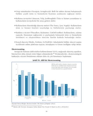 • Grup satýnalmalarý (Groupon, LivingSocial): Belli bir miktar alýcýnýn buluþmasýyla
birlikte çeþitli ürün ve hizmetlerin fiyatýnýn azalmasýný saðlayan siteler.
• Kullanýcý tavsiyeleri (Amazon, Yelp, JustBoughtIt): Ürün ve hizmet yorumlarýný ve
kullanýcýlarýn tavsiyelerini bir araya getiren siteler.
• Kullanýcýlarýn düzenlediði alýþveriþ siteleri (The Fancy, Lyst, Svpply): Kullanýcýlarýn
ürün ve hizmet listeleri tasarladýðý ve birbirleriyle paylaþtýðý siteler.
• Katýlýmcý e-ticaret (Threadless, Kickstarter, CutOnYourBias): Kullanýcýlarýn, oylama
yaparak, finansman saðlayarak ve paylaþýmda bulunarak ürün ve hizmetlerin
üretilmesi ve oluþturulmasý sürecine birebir katkýda bulunduðu siteler.
• Sosyal alýþveriþ (Motilo, Fashism, GoTryItOn): Arkadaþlarla birlikte alýþveri yapma
tecrübesini online platforma taþýyan, mesajlaþma ve forum özelliðine sahip siteler.
Showrooming
Avrupa'da bulunan akýllý telefon kullanýcýlarýnýn %14'ü, maðazada alýþveriþ yaparken,
Ýnternet'ten daha detaylý ürün bilgisi edinmektedir.83 Perakendeciler, showrooming'in
katkýsýyla e-ticaret firmalarýnýn etkisini daha da çok hissetmeye baþlamýþtýr.
83
Martin Gill, Forrester, European Online Retail: Five Trends To Watch in 2013, 25/02/2013
Kaynak: Henry Blodget, Business Insider, The Future of Digital, (2012).
Þekil 55. ABD'de Showrooming
99
 