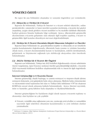 15
YÖNETÝCÝ ÖZETÝ
Bu rapor iki ana bölümden oluþmakta ve sonunda öngörülere yer vermektedir.
(1) Dünya'da ve Türkiye'de E-ticaret
Raporun ilk bölümünde, Türkiye'de Ýnternet ve e-ticaret sektörü tüketiciler, online
perakendeciler, yatýrýmcýlar ve karar mercileri açýsýndan incelenmiþ, e-ticaretin itici güçleri
araþtýrýlmýþ, yaygýn olarak görülen e-ticaret modelleri ve bu modeller dahilinde ülkemizde
faaliyet gösteren firmalar hakkýnda bilgi verilmiþtir. Ayrýca, ülkemizdeki giriþimcilik
ekosisteminin e-ticaretin geliþimine olan etkisiyle ilgili tespitler yapýlmýþ, e-ticaret ve
giriþimcilikle ilgili konularý düzenleyen mevzuat deðerlendirilmiþtir.
(2) Türkiye'de E-Ticaret Hacminin Düþük Olmasýnýn Sebepleri ve Öneriler
Raporun ikinci bölümünde ise, gerçekleþtirilen tespitler ve dünyadaki en iyi örneklerle
yapýlan karþýlaþtýrmalar doðrultusunda, ülkemizde baþta yasama ve yürütme kurumlarý
olmak üzere, e-ticaret ekosistemindeki kurum ve kuruluþlarýn, sektörü derinleþtirmek,
geliþtirmek ve büyümesini saðlamak için alabileceði aksiyonlara dair önerilerde
bulunulmuþtur.
(3) 2023'te Türkiye'de E-Ticaret: Bir Öngörü
Raporun son bölümünde, Türkiye'nin 2023 hedefleri doðrultusunda e-ticaret sektörünün
önemi vurgulanmýþ, rapor boyunca sýralanan öneriler gerçekleþtirildiði takdirde, e-ticaretin
2023 vizyonunda belirlenen hedeflere ulaþýlmasýndaki rolü ve önemi ile ilgili öngörülerde
bulunulmuþtur.
Ýnternet Giriþimciliði ve E-Ticaretin Önemi
Ýnternet giriþimciliði, düþük baþlangýç ve yatýrým sermayesi ve nispeten düþük iþletme
sermayesi dolayýsýyla, yeni giriþimlerin hýzla ortaya çýkmasýna, fikirlerin hýzlýca denenmesine
ve ekonominin temel taþlarýndan biri olan ve Türkiye'deki istihdamýn %781'ini oluþturan
KOBÝ'lerin sayýsal olarak artmasýna katkýda bulunmaktadýr. Ayrýca, Ýnternet sayesinde,
ürün ve hizmetler, geniþ kitlelere hýzla ulaþmakta ve ölçeklenebilmektedir.
Ýnternet giriþimciliðinin bu faydalarýný doðal olarak taþýyan e-ticaretin topluma ve
ekonomiye olan faydalarý ise çok çeþitlidir:
• E-ticaret, verimlilik artýþý saðlamanýn yaný sýra, yaratacaðý yeni iþ kollarý ve uzmanlýklar
sayesinde ilgili sektörlere dinamizm kazandýrmakta ve yeni istihdam alanlarý
yaratmaktadýr.
1
McKinsey & Company, Bilgi Toplumu Stratejisinin Yenilenmesi Projesi Ýnternet Giriþimciliði ve e-Ticaret Ekseni
Mevcut Durum Raporu, (2013)
 