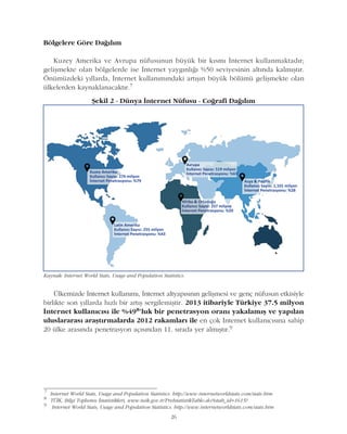 Bölgelere Göre Daðýlým
Kuzey Amerika ve Avrupa nüfusunun büyük bir kýsmý Ýnternet kullanmaktadýr;
geliþmekte olan bölgelerde ise Ýnternet yaygýnlýðý %50 seviyesinin altýnda kalmýþtýr.
Önümüzdeki yýllarda, Ýnternet kullanýmýndaki artýþýn büyük bölümü geliþmekte olan
ülkelerden kaynaklanacaktýr.7
26
Ülkemizde Ýnternet kullanýmý, Ýnternet altyapýsýnýn geliþmesi ve genç nüfusun etkisiyle
birlikte son yýllarda hýzlý bir artýþ sergilemiþtir. 2013 itibariyle Türkiye 37.5 milyon
Ýnternet kullanýcýsý ile %498'luk bir penetrasyon oraný yakalamýþ ve yapýlan
uluslararasý araþtýrmalarda 2012 rakamlarý ile en çok Ýnternet kullanýcýsýna sahip
20 ülke arasýnda penetrasyon açýsýndan 11. sýrada yer almýþtýr.9
7
Internet World Stats, Usage and Population Statistics. http://www.internetworldstats.com/stats.htm
8
TÜÝK, Bilgi Toplumu Ýstatistikleri, www.tuik.gov.tr/PreIstatistikTablo.do?istab_id=1615?
9
Internet World Stats, Usage and Population Statistics. http://www.internetworldstats.com/stats.htm
Kaynak: Internet World Stats, Usage and Population Statistics.
Þekil 2 - Dünya Ýnternet Nüfusu - Coðrafi Daðýlým
 