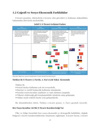 1.2 Coðrafi ve Sosyo-Ekonomik Farklýlýklar
E-ticaret pazarlarý, tüketicilerin e-ticarete olan güvenleri ve kullaným alýþkanlýklarý
bakýmýndan dört fazda incelenebilir.
Kaynak: Raporun yazarý tarafýndan örnek olarak hazýrlanmýþtýr.
29
Türkiye'de E-Ticaret 3. Faz'da, 4. Faz'a Çok Yakýn Konumda
Türkiye'de,
• Sosyal medya kullanýmý çok üst seviyededir,
• Ýnternet ve mobil bankacýlýk kullanýmý artmaktadýr,
• Seyahat rezervasyonlarý yapýlmasý ve satýn alýnmasý yaygýndýr,
• Tüketici elektroniði gibi karþýlaþtýrýlabilir ürünlerin satýþý geliþmiþtir,
• Online moda sektörü henüz yeni geliþmektedir.
Bu dinamiklerden ötürü, Türkiye e-ticaret pazarý, 4. Faz'a geçmek üzeredir.
Her Fazýn Kendine Ait Bir E-Ticaret Karakteristiði Var
Ülke ve bölge bazýndaki bazý sosyo-ekonomik ve demografik farklýlýklar, deðiþik
bölgesel e-ticaret karakteristiklerinin oluþmasýný saðlamýþtýr. E-ticaret hacmi, e-ticaret
Þekil 5. E-Ticaret Geliþimi Fazlarý
 
