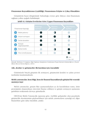 63
Finansman Kaynaklarýnýn Çeþitliliði, Finansmana Eriþim ve Çýkýþ Olanaklarý
Giriþimlerin hayat döngüsünde bulunduðu evreye göre ihtiyacý olan finansmaný
saðlama yollarý aþaðýda belirtilmiþtir:
Kaynak: McKinsey & Company, Bilgi Toplumu Stratejisinin Yenilenmesi Projesi Ýnternet Giriþimciliði ve e-Ticaret
Ekseni Mevcut Durum Raporu, (2013)
Þekil 41. Giriþim Evrelerine Göre Uygun Finansman Kaynaklarý
Aile, dostlar ve giriþimciler ilk kurulum için önemlidir
Günümüzde birçok giriþimin ilk sermayesi, giriþimcinin kendisi ve yakýn çevresi
tarafýndan karþýlanmaktadýr.
Melek yatýrýmcýlar, hem bilgi, hem de finansal kaynaklarýyla giriþimi bir sonraki
aþamaya taþýr
Melek yatýrýmcýlar, giriþim fikir aþamasýndayken ya da kurulduktan sonra, ürün
prototipinin oluþturulmasý sürecinin finanse edilmesi ve giriþim sermayesi aþamasýna
getirilmesi noktasýnda devreye girmektedir.
OECD'nin Melek Yatýrýmcýlýk raporuna göre, özellikle geliþmekte olan pazarlarda
giriþimcilik ekosisteminin güçlenebilmesi için melek yatýrýmcýlarýn oynadýðý rol, diðer
finansörlere göre daha önemlidir, çünkü:
 