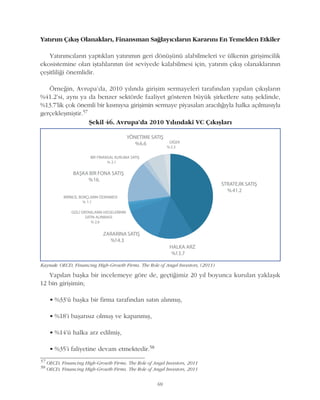 69
Yatýrým Çýkýþ Olanaklarý, Finansman Saðlayýcýlarýn Kararýný En Temelden Etkiler
Yatýrýmcýlarýn yaptýklarý yatýrýmýn geri dönüþünü alabilmeleri ve ülkenin giriþimcilik
ekosistemine olan iþtahlarýnýn üst seviyede kalabilmesi için, yatýrým çýkýþ olanaklarýnýn
çeþitliliði önemlidir.
Örneðin, Avrupa'da, 2010 yýlýnda giriþim sermayeleri tarafýndan yapýlan çýkýþlarýn
%41.2'si, ayný ya da benzer sektörde faaliyet gösteren büyük þirketlere satýþ þeklinde,
%13.7'lik çok önemli bir kýsmýysa giriþimin sermaye piyasalarý aracýlýðýyla halka açýlmasýyla
gerçekleþmiþtir.57
57
OECD, Financing High-Growth Firms. The Role of Angel Investors, 2011
58
OECD, Financing High-Growth Firms. The Role of Angel Investors, 2011
Yapýlan baþka bir incelemeye göre de, geçtiðimiz 20 yýl boyunca kurulan yaklaþýk
12 bin giriþimin;
• %33'ü baþka bir firma tarafýndan satýn alýnmýþ,
• %18'i baþarýsýz olmuþ ve kapanmýþ,
• %14'ü halka arz edilmiþ,
• %35'i faliyetine devam etmektedir.58
Kaynak: OECD, Financing High-Growth Firms. The Role of Angel Investors, (2011)
Þekil 46. Avrupa'da 2010 Yýlýndaki VC Çýkýþlarý
 