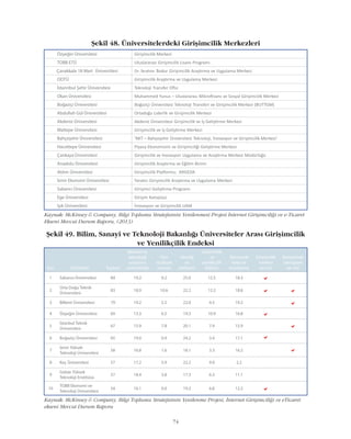 74
Kaynak: McKinsey & Company, Bilgi Toplumu Stratejisinin Yenilenme Projesi, Ýnternet Giriþimciliði ve eTicaret
ekseni Mevcut Durum Raporu
Þekil 49. Bilim, Sanayi ve Teknoloji Bakanlýðý Üniversiteler Arasý Giriþimcilik
ve Yenilikçilik Endeksi
Kaynak: McKinsey & Company, Bilgi Toplumu Stratejisinin Yenilenmesi Projesi Ýnternet Giriþimciliði ve e-Ticaret
Ekseni Mevcut Durum Raporu, (2013)
Þekil 48. Üniversitelerdeki Giriþimcilik Merkezleri
 