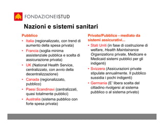 Nazioni e sistemi sanitari
Pubblico                                 Privato/Pubblico - mediato da
• Italia (regionalizzato, con trend di   sistemi assicurativi...
  aumento della spesa privata)           • Stati Uniti (in fase di costruzione di
• Francia (soglia minima                   welfare, Health Maintainance
  assistenziale pubblica e scelta di       Organizations private, Medicare e
  assicurazione privata)                   Medicaid sistemi pubblici per gli
• UK (National Health Service,             indigenti)
  centralizzato, con avvio della         • Svizzera (Assicurazioni private
  decentralizzazione)                      stipulate annualmente. Il pubblico
• Canada (regionalizzato,                  sussidia i pochi indigenti)
  pubblico)                              • Germania (E’ libera scelta del
• Paesi Scandinavi (centralizzati,         cittadino rivolgersi al sistema
  quasi totalmente pubblici)               pubblico o al sistema privato)
• Australia (sistema pubblico con
  forte spesa privata)
 