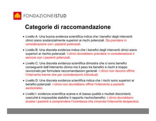 Categorie di raccomandazione
• Livello A: Una buona evidenza scientifica indica che i benefici degli interventi
  clinici siano sostanzialmente superiori ai rischi potenziali. Da prendere in
  considerazione con i pazienti potenziali.
• Livello B: Una discreta evidenza indica che i benefici degli interventi clinici siano
  superiori ai rischio potenziali. I clinici dovrebbero prendere in considerazione il
  servizio con i pazienti potenziali.
• Livello C: Una discreta evidenza scientifica dimostra che ci sono benefici
  conseguenti dall’intervento clinico ma il peso tra benefici e rischi è troppo
  ravvicinato per formulare raccomandazioni generali. I clinici non devono offrire
  l’intervento tranne che per considerazioni individuali.
• Livello D: Una discreta evidenza scientifica indica che i rischi sono superiori ai
  benefici potenziali. I clinici non dovrebbero offrire l’intervento a pazienti
  asintomatici.
• Livello I: evidenza scientifica scarsa e di bassa qualità o risultati discordanti,
  cosicché è impossibile stabilire il rapporto rischio/benefici. I clinici dovrebbero
  aiutare i pazienti a comprendere l’incertezza che circonda l’intervento terapeutico.
 
