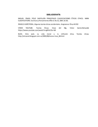 BIBLIOGRAFÍA
MIGUEL ÁNGEL POLO SANTILLÁN PRINCIPALES CLASIFICACIONES ÉTICAS ETHICS: MAlN
CLASIFICATIONS. Escritura y Pensamiento AÑo X, No 21, 2007, 61-82.
ÀNGELS VARÓ PERAL. Algunas teorías éticas occidentales. Asignatura: Ética 4t ESO
VÍDEO YOUTUBE. Teorías Éticas: Clase del Mg. Víctor García-Belaunde
https://www.youtube.com/watch?v=g0VXs7So-N8
BLOG. Sitio web. La vida moral y la reflexión ética. Teorías éticas.
http://eticacvd.blogspot.com.co/2005/08/teoras-ticas_08.html
 