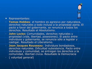 Representantes: Tomas Hobbes : el hombre es agresivo por naturaleza, derechos naturales a todo incluso a la propiedad ajena. El pacto a favor del gobernante, se renuncia a todos los derechos. Resultado el Absolutismo. John Locke:  Comunidades, derechos naturales y propiedad (vida, libertad, posesiones). El pacto entre individuos y gobernante, se renuncia sólo a legislar y castigar. Resultado el Liberalismo. Jean Jacques Rousseau : Individuos bondadosos, derechos naturales. Dificultad subsistencia. Pacto entre individuos y comunidad, se entregan los derechos a la comunidad, libertad cívica. Resultado la Democracia  ( voluntad general) 