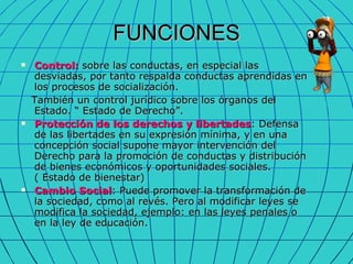 FUNCIONES Control:  sobre las conductas, en especial las desviadas, por tanto respalda conductas aprendidas en los procesos de socialización. También un control jurídico sobre los órganos del Estado. “ Estado de Derecho”. Protección de los derechos y libertades : Defensa de las libertades en su expresión mínima, y en una concepción social supone mayor intervención del Derecho para la promoción de conductas y distribución de bienes económicos y oportunidades sociales. ( Estado de bienestar) Cambio Social : Puede promover la transformación de la sociedad, como al revés. Pero al modificar leyes se modifica la sociedad, ejemplo: en las leyes penales o en la ley de educación. 