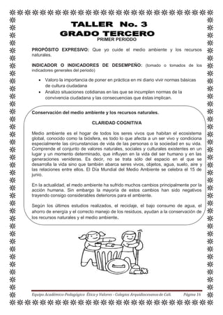 PRIMER PERIODO
PROPÓSITO EXPRESIVO: Que yo cuide el medio ambiente y los recursos
naturales.
INDICADOR O INDICADORES DE DESEMPEÑO: (tomado o tomados de los
indicadores generales del periodo)
 Valoro la importancia de poner en práctica en mi diario vivir normas básicas
de cultura ciudadana
 Analizo situaciones cotidianas en las que se incumplen normas de la
convivencia ciudadana y las consecuencias que éstas implican.
Conservación del medio ambiente y los recursos naturales.
CLARIDAD COGNITIVA
Medio ambiente es el hogar de todos los seres vivos que habitan el ecosistema
global, conocido como la biósfera, es todo lo que afecta a un ser vivo y condiciona
especialmente las circunstancias de vida de las personas o la sociedad en su vida.
Comprende el conjunto de valores naturales, sociales y culturales existentes en un
lugar y un momento determinado, que influyen en la vida del ser humano y en las
generaciones venideras. Es decir, no se trata sólo del espacio en el que se
desarrolla la vida sino que también abarca seres vivos, objetos, agua, suelo, aire y
las relaciones entre ellos. El Día Mundial del Medio Ambiente se celebra el 15 de
junio.
En la actualidad, el medo ambiente ha sufrido muchos cambios principalmente por la
acción humana. Sin embargo la mayoría de estos cambios han sido negativos
trayendo consigo considerables deterioros para el ambiente.
Según los últimos estudios realizados, el reciclaje, el bajo consumo de agua, el
ahorro de energía y el correcto manejo de los residuos, ayudan a la conservación de
los recursos naturales y el medio ambiente.
Equipo Académico-Pedagógico Ética y Valores - Colegios Arquidiocesanosde Cali. Página 16
 