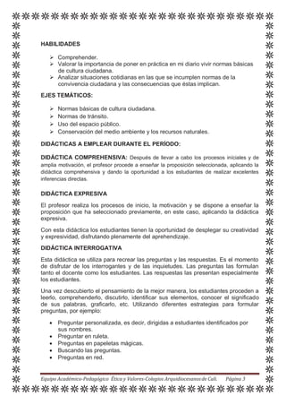HABILIDADES
 Comprehender.
 Valorar la importancia de poner en práctica en mi diario vivir normas básicas
de cultura ciudadana.
 Analizar situaciones cotidianas en las que se incumplen normas de la
convivencia ciudadana y las consecuencias que éstas implican.
EJES TEMÁTICOS:
 Normas básicas de cultura ciudadana.
 Normas de tránsito.
 Uso del espacio público.
 Conservación del medio ambiente y los recursos naturales.
DIDÁCTICAS A EMPLEAR DURANTE EL PERÍODO:
DIDÁCTICA COMPREHENSIVA: Después de llevar a cabo los procesos iníciales y de
amplia motivación, el profesor procede a enseñar la proposición seleccionada, aplicando la
didáctica comprehensiva y dando la oportunidad a los estudiantes de realizar excelentes
inferencias directas.
DIDÁCTICA EXPRESIVA
El profesor realiza los procesos de inicio, la motivación y se dispone a enseñar la
proposición que ha seleccionado previamente, en este caso, aplicando la didáctica
expresiva.
Con esta didáctica los estudiantes tienen la oportunidad de desplegar su creatividad
y expresividad, disfrutando plenamente del aprehendizaje.
DIDÁCTICA INTERROGATIVA
Esta didáctica se utiliza para recrear las preguntas y las respuestas. Es el momento
de disfrutar de los interrogantes y de las inquietudes. Las preguntas las formulan
tanto el docente como los estudiantes. Las respuestas las presentan especialmente
los estudiantes.
Una vez descubierto el pensamiento de la mejor manera, los estudiantes proceden a
leerlo, comprehenderlo, discutirlo, identificar sus elementos, conocer el significado
de sus palabras, graficarlo, etc. Utilizando diferentes estrategias para formular
preguntas, por ejemplo:
 Preguntar personalizada, es decir, dirigidas a estudiantes identificados por
sus nombres.
 Preguntar en ruleta.
 Preguntas en papeletas mágicas.
 Buscando las preguntas.
 Preguntas en red.
Equipo Académico-Pedagógico Ética y Valores-Colegios Arquidiocesanosde Cali. Página 3
 