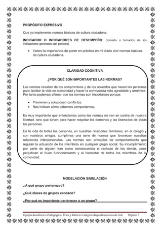 PROPÓSITO EXPRESIVO
Que yo implemente normas básicas de cultura ciudadana.
INDICADOR O INDICADORES DE DESEMPEÑO: (tomado o tomados de los
indicadores generales del periodo)
 Valoro la importancia de poner en práctica en mi diario vivir normas básicas
de cultura ciudadana.
CLARIDAD COGNITIVA
¿POR QUÉ SON IMPORTANTES LAS NORMAS?
Las normas resultan de los compromisos y de los acuerdos que hacen las personas
para facilitar la vida en comunidad y hacer la convivencia más agradable y armónica.
Por tanto podemos afirmar que las normas son importantes porque:
 Previenen y solucionan conflictos.
 Nos indican cómo debemos comportarnos.
Es muy importante que entendamos como las normas no van en contra de nuestra
libertad, sino que sirven para hacer respetar los derechos y las libertades de todas
las personas.
En la vida de todas las personas, en nuestras relaciones familiares, en el colegio y
con nuestros amigos, cumplimos una serie de normas que favorecen nuestras
relaciones interpersonales. Las normas son principios de comportamiento que
regulan la actuación de los miembros en cualquier grupo social. Su incumplimiento
por parte de alguien trae como consecuencia el rechazo de los demás, pues
perjudican el buen funcionamiento y el bienestar de todos los miembros de la
comunidad.
MODELACIÓN SIMULACIÓN
¿A qué grupo pertenezco?
¿Qué clases de grupos conozco?
¿Por qué es importante pertenecer a un grupo?
Equipo Académico-Pedagógico Ética y Valores-Colegios Arquidiocesanosde Cali. Página 7
 