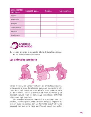 105
Desacuerdos
con mis…
Sucedió que… Sentí… Lo resolví…
Padres
Hermanos
Amigos
Compañeros
Vecinos
Profesores
1.	 Lee con atención la siguiente fábula. Dibuja los principa-
les hechos que ocurren en esta.
Los animales con peste
En los montes, los valles y collados de animales poblados,
se introdujo la peste de tal modo que en un momento lo infi-
ciona todo. Allí donde su corte el león tenía mirando cada
día las cacerías, luchas y carreras de mansos brutos y de
bestias fieras, se veían los campos ya cubiertos de enfermos
miserables y de muertos.
“¡Mis amados hermanos, -exclamó el triste rey-, mis cor-
tesanos, ya veis que el justo cielo nos obliga a implorar su
piedad, pues nos castiga con tan horrenda plaga! Tal vez se
aplacará con que se le haga sacrificio de aquel más delin-
 