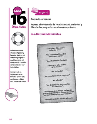 130
Antes de comenzar
Repasa el contenido de los diez mandamientos y
discute las preguntas con tus compañeros:
Los diez mandamientos
Reflexiono sobre
el uso del poder y
la autoridad en mi
entorno y expreso
pacíficamente mi
desacuerdo cuando
considero que hay
injusticias.
Comprendo la
importancia de
brindar apoyo a la
gente que está en
una situación difícil.
Ética cívica
Guía
“Amarás a Dios sobre
todas las cosas”.
“No tomarás el Nombre
de Dios en vano”.
“Santificarás las fiestas”.
“Honrarás a tu padre
y a tu madre”.
“No matarás”.
“No cometerás actos impuros”.
“No robarás”.
“No dirás falsos testimonios
ni mentirás”.
“No desearás la mujer o el varón
que no te pertenece...No consentirás
pensamientos ni deseos impuros”.
“No codiciarás los bienes ajenos”.
 