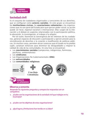 133
Sociedad civil
Es el conjunto de ciudadanos organizados y conscientes de sus derechos,
que se configuran como actores sociales. En este grupo se encuentran
las instituciones cívicas, las asociaciones voluntarias y las organiza-
ciones que no son parte del Estado pero que ejercen poder social; su acción
puede ser local, regional nacional e internacional. Ellas surgen de la inte-
racción y el debate en aspectos relacionados con la participación política,
la educación, la investigación, el trabajo o la religión.
Por tal razón, favorecen la convergencia de los intereses de los ciudada-
nos, generan espacios de discusión y participación y ejercen presión para la
reivindicación de derechos o la creación o modificación de políticas públi-
cas. En muchos casos, permiten aliviar carencias que el Estado no ha podido
suplir, canalizan esfuerzos para disminuir las desigualdades y mejorar la
calidad de vida de las comunidades. En esta lista se encuentran:
>> Los movimientos sociales (campesinos, indigenistas, feministas,
pacifistas, ambientalistas)
>> Los sindicatos
>> Las Organizaciones No Gubernamentales (ONG)
>> Las universidades
>> Las comunidades religiosas
Observa y comenta
Responde las siguientes preguntas y compara las respuestas con un
compañero:
1.	 ¿Cuáles son las organizaciones de la sociedad civil que trabajan en tu
municipio?
2.	 ¿Cuáles son los objetivos de estas organizaciones?
3.	 ¿Qué logros y limitaciones han tenido en su labor?
 