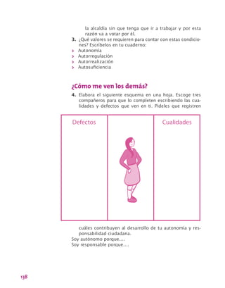 138
la alcaldía sin que tenga que ir a trabajar y por esta
razón va a votar por él.
3.	 ¿Qué valores se requieren para contar con estas condicio-
nes? Escríbelos en tu cuaderno:
>> Autonomía
>> Autorregulación
>> Autorrealización
>> Autosuficiencia
¿Cómo me ven los demás?
4.	 Elabora el siguiente esquema en una hoja. Escoge tres
compañeros para que lo completen escribiendo las cua-
lidades y defectos que ven en ti. Pídeles que registren
Defectos Cualidades
cuáles contribuyen al desarrollo de tu autonomía y res-
ponsabilidad ciudadana.
Soy autónomo porque….
Soy responsable porque….
 
