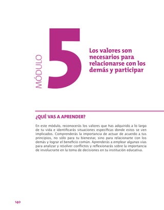 140
Los valores son
necesarios para
relacionarse con los
demás y participar
En este módulo, reconocerás los valores que has adquirido a lo largo
de tu vida e identificarás situaciones específicas donde estos se ven
implicados. Comprenderás la importancia de actuar de acuerdo a tus
principios, no sólo para tu bienestar, sino para relacionarte con los
demás y lograr el beneficio común. Aprenderás a emplear algunas vías
para analizar y resolver conflictos y reflexionarás sobre la importancia
de involucrarte en la toma de decisiones en tu institución educativa.
¿QUÉ VAS A APRENDER?
MÓDULO
 