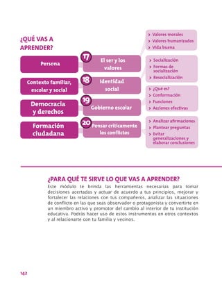 142
¿PARA QUÉ TE SIRVE LO QUE VAS A APRENDER?
Este módulo te brinda las herramientas necesarias para tomar
decisiones acertadas y actuar de acuerdo a tus principios, mejorar y
fortalecer las relaciones con tus compañeros, analizar las situaciones
de conflicto en las que seas observador o protagonista y convertirte en
un miembro activo y promotor del cambio al interior de tu institución
educativa. Podrás hacer uso de estos instrumentos en otros contextos
y al relacionarte con tu familia y vecinos.
>> Valores morales
>> Valores humanizados
>> Vida buena
>> Socialización
>> Formas de
socialización
>> Resocialización
>> ¿Qué es?
>> Conformación
>> Funciones
>> Acciones efectivas
>> Analizar afirmaciones
>> Plantear preguntas
>> Evitar
generalizaciones y
elaborar conclusiones
Persona
Contexto familiar,
escolar y social
Democracia
y derechos
Formación
ciudadana
Pensar críticamente
los conflictos
Gobierno escolar
El ser y los
valores
Identidad
social
¿QUÉ VAS A
APRENDER?
 
