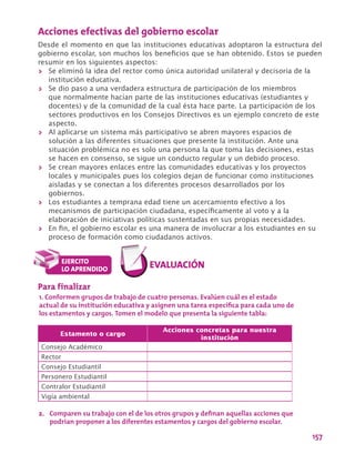 157
Acciones efectivas del gobierno escolar
Desde el momento en que las instituciones educativas adoptaron la estructura del
gobierno escolar, son muchos los beneficios que se han obtenido. Estos se pueden
resumir en los siguientes aspectos:
>> Se eliminó la idea del rector como única autoridad unilateral y decisoria de la
institución educativa.
>> Se dio paso a una verdadera estructura de participación de los miembros
que normalmente hacían parte de las instituciones educativas (estudiantes y
docentes) y de la comunidad de la cual ésta hace parte. La participación de los
sectores productivos en los Consejos Directivos es un ejemplo concreto de este
aspecto.
>> Al aplicarse un sistema más participativo se abren mayores espacios de
solución a las diferentes situaciones que presente la institución. Ante una
situación problémica no es solo una persona la que toma las decisiones, estas
se hacen en consenso, se sigue un conducto regular y un debido proceso.
>> Se crean mayores enlaces entre las comunidades educativas y los proyectos
locales y municipales pues los colegios dejan de funcionar como instituciones
aisladas y se conectan a los diferentes procesos desarrollados por los
gobiernos.
>> Los estudiantes a temprana edad tiene un acercamiento efectivo a los
mecanismos de participación ciudadana, específicamente al voto y a la
elaboración de iniciativas políticas sustentadas en sus propias necesidades.
>> En fin, el gobierno escolar es una manera de involucrar a los estudiantes en su
proceso de formación como ciudadanos activos.
Estamento o cargo
Acciones concretas para nuestra
institución
Consejo Académico
Rector
Consejo Estudiantil
Personero Estudiantil
Contralor Estudiantil
Vigía ambiental
Para finalizar
1. Conformen grupos de trabajo de cuatro personas. Evalúen cuál es el estado
actual de su institución educativa y asignen una tarea específica para cada uno de
los estamentos y cargos. Tomen el modelo que presenta la siguiente tabla:
2.	 Comparen su trabajo con el de los otros grupos y definan aquellas acciones que
podrían proponer a los diferentes estamentos y cargos del gobierno escolar.
 