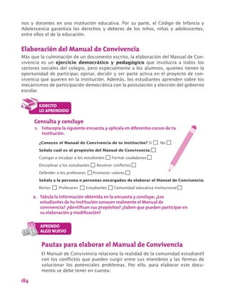 184
nos y docentes en una institución educativa. Por su parte, el Código de Infancia y
Adolescencia garantiza los derechos y deberes de los niños, niñas y adolescentes,
entre ellos el de la educación.
Elaboración del Manual de Convivencia
Más que la culminación de un documento escrito, la elaboración del Manual de Con-
vivencia es un ejercicio democrático y pedagógico que involucra a todos los
sectores sociales del colegio, pero especialmente a los alumnos, quienes tienen la
oportunidad de participar, opinar, decidir y ser parte activa en el proyecto de con-
vivencia que quieren en la institución. Además, los estudiantes aprenden sobre los
mecanismos de participación democrática con la postulación y elección del gobierno
escolar.
Pautas para elaborar el Manual de Convivencia
El Manual de Convivencia relaciona la realidad de la comunidad estudiantil
con los conflictos que pueden surgir entre sus miembros y las formas de
solucionar los potenciales problemas. Por ello, para elaborar este docu-
mento se debe tener en cuenta:
Consulta y concluye
1.	 Fotocopia la siguiente encuesta y aplícala en diferentes cursos de tu
institución.
¿Conoces el Manual de Convivencia de tu institución? Sí No
Señala cuál es el propósito del Manual de Convivencia:
Castigar e inculpar a los estudiantes Formar ciudadanos
Disciplinar a los estudiantes Resolver conflictos
Defender a los profesores Promover valores
Señala a la persona o personas encargadas de elaborar el Manual de Convivencia:
Rector Profesores Estudiantes Comunidad educativa institucional
2.	 Tabula la información obtenida en la encuesta y concluye: ¿Los
estudiantes de tu institución conocen realmente el Manual de
convivencia? ¿Identifican sus propósitos? ¿Saben que pueden participar en
su elaboración y modificación?
 