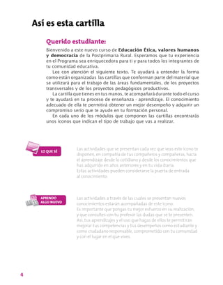4
Así es esta cartilla
Las actividades que se presentan cada vez que veas este ícono te
disponen, en compañía de tus compañeros y compañeras, hacia
el aprendizaje desde lo cotidiano y desde los conocimientos que
has adquirido en años anteriores y en tu vida diaria.
Estas actividades pueden considerarse la puerta de entrada
al conocimiento.
Las actividades a través de las cuales se presentan nuevos
conocimientos estarán acompañadas de este ícono.
Es importante que pongas tu mejor esfuerzo en su realización,
y que consultes con tu profesor las dudas que se te presenten.
Así, tus aprendizajes y el uso que hagas de ellos te permitirán
mejorar tus competencias y tus desempeños como estudiante y
como ciudadano responsable, comprometido con tu comunidad
y con el lugar en el que vives.
Querido estudiante:
Bienvenido a este nuevo curso de Educación Ética, valores humanos
y democracia de la Postprimaria Rural. Esperamos que tu experiencia
en el Programa sea enriquecedora para ti y para todos los integrantes de
tu comunidad educativa.
Lee con atención el siguiente texto. Te ayudará a entender la forma
como están organizadas las cartillas que conforman parte del material que
se utilizará para el trabajo de las áreas fundamentales, de los proyectos
transversales y de los proyectos pedagógicos productivos.
La cartilla que tienes en tus manos, te acompañará durante todo el curso
y te ayudará en tu proceso de enseñanza - aprendizaje. El conocimiento
adecuado de ella te permitirá obtener un mejor desempeño y adquirir un
compromiso serio que te ayude en tu formación personal.
En cada uno de los módulos que componen las cartillas encontrarás
unos íconos que indican el tipo de trabajo que vas a realizar.
 