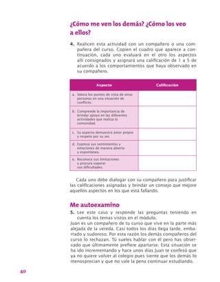 40
¿Cómo me ven los demás? ¿Cómo los veo
a ellos?
4.	 Realicen esta actividad con un compañero o una com-
pañera del curso. Copien el cuadro que aparece a con-
tinuación, cada uno evaluará en el otro los aspectos
allí consignados y asignará una calificación de 1 a 5 de
acuerdo a los comportamientos que haya observado en
su compañero.
Aspecto Calificación
a.	 Valora los puntos de vista de otras
personas en una situación de
conflicto.
b.	 Comprende la importancia de
brindar apoyo en las diferentes
actividades que realiza la
comunidad.
c.	 Su aspecto demuestra amor propio
y respeto por su ser.
d.	 Expresa sus sentimientos y
emociones de manera abierta
y espontánea.
e.	 Reconoce sus limitaciones
y procura superar
sus dificultades.
Cada uno debe dialogar con su compañero para justificar
las calificaciones asignadas y brindar un consejo que mejore
aquellos aspectos en los que está fallando.
Me autoexamino
5.	 Lee este caso y responde las preguntas teniendo en
cuenta los temas vistos en el módulo.
Juan es un compañero de tu curso que vive en la parte más
alejada de la vereda. Casi todos los días llega tarde, emba-
rrado y sudoroso. Por esta razón los demás compañeros del
curso lo rechazan. Tú sueles hablar con él pero has obser-
vado que últimamente prefiere apartarse. Esta situación se
ha ido incrementando y hace unos días Juan te confesó que
ya no quiere volver al colegio pues siente que los demás lo
menosprecian y que no vale la pena continuar estudiando.
 