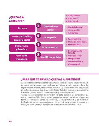 44
¿PARA QUÉ TE SIRVE LO QUE VAS A APRENDER?
Al entender que eres un ser social te haces sensible frente a tu comunidad,
tu municipio y tu país pues valoras su cultura y todo lo que ella te ha
legado (costumbres, tradiciones, normas…). Adquieres una capacidad
de reflexión propia que te permite forjar hábitos morales, reconocer tu
identidad, intercambiar conocimientos y comunicar ideas.
Todos estos elementos te permiten no solo percibir las emociones de
otros, sino también las grandes preocupaciones que tiene el país en
torno a conflictos como la violencia, la marginalidad y el maltrato.
Reflexionar sobre estos problemas te servirá para pensar y valorar las
ventajas y desventajas que posee nuestro sistema democrático.
>> El ser cultural
>> El ser moral
>> El ser social
>> Identidad moral
>> Comprensión
>> Solidaridad
>> Poder legítimo
>> Clases de democracia
>> Forma de vida
>> Desplazamiento
forzado
>> Violencia social
>> Marginalidad
>> Maltrato infantil
>> Abuso sexual
Persona
Contexto familiar,
escolar y social
Democracia
y derechos
Formación
ciudadana
Conflictos sociales
La democracia
Dimensiones
del ser
La empatía
¿QUÉ VAS A
APRENDER?
 
