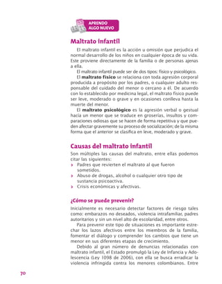 70
Maltrato infantil
El maltrato infantil es la acción u omisión que perjudica el
normal desarrollo de los niños en cualquier época de su vida.
Este proviene directamente de la familia o de personas ajenas
a ella.
El maltrato infantil puede ser de dos tipos: físico y psicológico.
El maltrato físico se relaciona con toda agresión corporal
producida a propósito por los padres, o cualquier adulto res-
ponsable del cuidado del menor o cercano a él. De acuerdo
con lo establecido por medicina legal, el maltrato físico puede
ser leve, moderado o grave y en ocasiones conlleva hasta la
muerte del menor.
El maltrato psicológico es la agresión verbal o gestual
hacía un menor que se traduce en groserías, insultos y com-
paraciones odiosas que se hacen de forma repetitiva y que pue-
den afectar gravemente su proceso de socialización; de la misma
forma que el anterior se clasifica en leve, moderado y grave.
Causas del maltrato infantil
Son múltiples las causas del maltrato, entre ellas podemos
citar las siguientes:
>> Padres que revierten el maltrato al que fueron
sometidos.
>> Abuso de drogas, alcohol o cualquier otro tipo de
sustancia psicoactiva.
>> Crisis económicas y afectivas.
¿Cómo se puede prevenir?
Inicialmente es necesario detectar factores de riesgo tales
como: embarazos no deseados, violencia intrafamiliar, padres
autoritarios y sin un nivel alto de escolaridad, entre otros.
Para prevenir este tipo de situaciones es importante estre-
char los lazos afectivos entre los miembros de la familia,
fomentar el diálogo y comprender los cambios que tiene un
menor en sus diferentes etapas de crecimiento.
Debido al gran número de denuncias relacionadas con
maltrato infantil, el Estado promulgó la Ley de Infancia y Ado-
lescencia (Ley 1098 de 2006), con ella se busca erradicar la
violencia infringida contra los menores colombianos. Entre
 