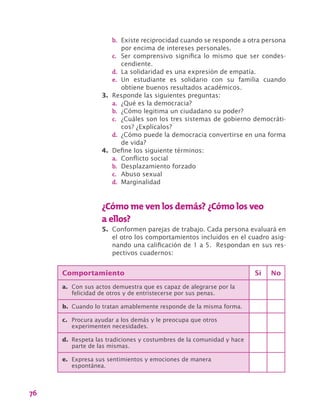 76
b.	 Existe reciprocidad cuando se responde a otra persona
por encima de intereses personales.
c.	 Ser comprensivo significa lo mismo que ser condes-
cendiente.
d.	 La solidaridad es una expresión de empatía.
e.	 Un estudiante es solidario con su familia cuando
obtiene buenos resultados académicos.
3.	 Responde las siguientes preguntas:
a.	 ¿Qué es la democracia?
b.	 ¿Cómo legitima un ciudadano su poder?
c.	 ¿Cuáles son los tres sistemas de gobierno democráti-
cos? ¿Explícalos?
d.	 ¿Cómo puede la democracia convertirse en una forma
de vida?
4.	 Define los siguiente términos:
a.	 Conflicto social
b.	 Desplazamiento forzado
c.	 Abuso sexual
d.	 Marginalidad
¿Cómo me ven los demás? ¿Cómo los veo
a ellos?
5.	 Conformen parejas de trabajo. Cada persona evaluará en
el otro los comportamientos incluidos en el cuadro asig-
nando una calificación de 1 a 5. Respondan en sus res-
pectivos cuadernos:
Comportamiento Sí No
a.	 Con sus actos demuestra que es capaz de alegrarse por la
felicidad de otros y de entristecerse por sus penas.
b.	 Cuando lo tratan amablemente responde de la misma forma.
c.	 Procura ayudar a los demás y le preocupa que otros
experimenten necesidades.
d.	 Respeta las tradiciones y costumbres de la comunidad y hace
parte de las mismas.
e.	 Expresa sus sentimientos y emociones de manera
espontánea.
 