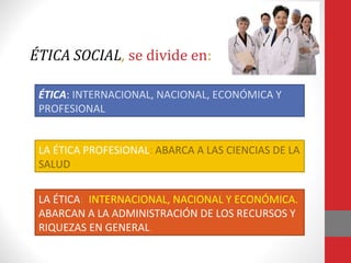 ÉTICA: INTERNACIONAL, NACIONAL, ECONÓMICA Y
PROFESIONAL
LA ÉTICA PROFESIONAL: ABARCA A LAS CIENCIAS DE LA
SALUD
LA ÉTICA: INTERNACIONAL, NACIONAL Y ECONÓMICA.
ABARCAN A LA ADMINISTRACIÓN DE LOS RECURSOS Y
RIQUEZAS EN GENERAL.
ÉTICA SOCIAL, se divide en:
 