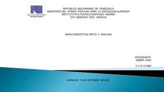 REPUBLICA BOLIVARIANA DE VENEZUELA
MINISTERIO DEL PODER POPULAR PARA LA EDUCACION SUPERIOR
INSTITUTO POLITECNICO SANTIAGO MARIÑO
EXT- MARACAY EDO. ARAGUA
MAPA CONCEPTUAL MIXTO Y ANALISIS
INTEGRANTE:
JIMBER DIAZ
C.I:19.112.860
MARACAY 19 DE OCTUBRE DE 2021
 