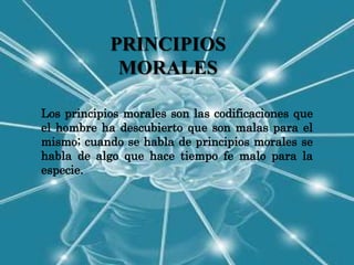 PRINCIPIOS
             MORALES

Los principios morales son las codificaciones que
el hombre ha descubierto que son malas para el
mismo; cuando se habla de principios morales se
habla de algo que hace tiempo fe malo para la
especie.
 