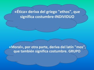 «Ética» deriva del griego "ethos", que
      significa costumbre-INDIVIDUO




«Moral», por otra parte, deriva del latín "mos",
  que también significa costumbre. GRUPO
 