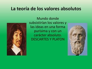La teoría de los valores absolutos
              Mundo donde
        subsistirían los valores y
         las ideas en una forma
            purísima y con un
            carácter absoluto.
          DESCARTES Y PLATON
 