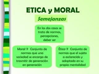 ETICA y MORAL
Semejanzas
En los dos casos se
trata de normas,
percepciones,
deber ser
Moral Conjunto de
normas que una
sociedad se encarga de
trasmitir de generación
en generación
Ética Conjunto de
normas que el sujeto
a esclarecido y
adoptado en su
propia mentalidad
 
