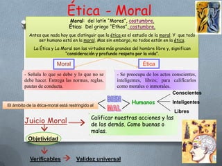 - Señala lo que se debe y lo que no se debe hacer. Entrega las normas, reglas, pautas de conducta.- Se preocupa de los actos conscientes, inteligentes, libres; para calificarlos como morales o inmorales.ConscientesBIENHumanosInteligentesMALLibresObjetividadVerificablesValidez universalÉtica- MoralMoral:  del latín “Mores”, costumbre.Ética:  Del griego “Ethos”, costumbre.Antes que nada hay que distinguir que la ética es el estudio de la moral. Y  que todo ser humano está en la moral. Mas sin embargo, no todos están en la ética.La Ética y La Moral son las virtudes más grandes del hombre libre y, significan “consideración y profundo respeto por la vida”.MoralÉticaEl ámbito de la ética-moral está restringido alCalificar nuestras acciones y las de los demás. Como buenas o malas.Juicio Moral