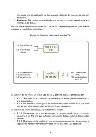 relevancia una infrautilización de los recursos, disponer de más de los que son
necesarios.
• Pertinente. Por pertinente se entiende que su uso no entraña perjudicarse a sí
mismo o a los demás.
Para un mejor entendimiento, el uso ético de las TIC se puede representar gráficamente
mediante un mentefacto conceptual:
Figura 1 – Esquema del uso ético de las TIC
Uso ético
de las TIC
Uso de las
TIC
P1.1. Uso cotidiano de
TIC
P1.2. Diversidad de
usuarios
P2.1. Uso democrático
P2.2. Uso relevante
P2.3. Uso pertinente
P3.1. Uso técnico de
las TIC
P3.2. Uso pedagógico
de las TIC
El uso ético de las TIC es un tipo de uso de TIC y, por esta razón, se caracteriza por:
• P 1.1. Determinar el uso cotidiano que se hace de las tecnologías de la información
y la comunicación.
• P 1.2. Ser ejecutado por un grupo de usuarios de carácter diverso en lo que tiene
que ver con edad, género, nivel social, económico y educativo.
El uso ético de TIC se caracteriza, específicamente, por ser:
• P 2.1. Democrático, en la medida en que los usuarios nosolo tienen un acceso
equitativo a las TIC sino que participan activamente de las oportunidades que ellas
ofrecen.
• P 2.2. Relevante, en la medida en que los usuarios comprenden la necesidad e
importancia de las herramientas ofrecidas por las TIC en su vida cotidiana.
8
 