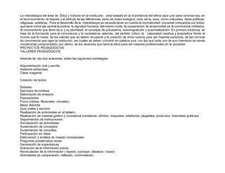 La metodología del área de Ética y Valores en la institución, está basada en la importancia del ethos para una sana convivencia, en
el reconocimiento, el respeto y el disfrute de las diferencias, tanto de orden biológico: raza, etnia, sexo, como culturales: ideas políticas,
religiosas, estéticas. Para el desarrollo de la metodología se necesita tener en cuenta la normatividad universal compartida por todos,
que tiene como eje central la justicia, la dignidad humana; del mismo modo, la cooperación, la reciprocidad en la convivencia cotidiana,
el conocimiento que tiene de sí y su identidad, el concepto de autoestima, autorregulación y autorrealización. En primera instancia, se
trata de la formación para la convivencia y la ciudadanía; además, del sentido crítico, la capacidad creativa y propositiva frente al
mundo que lo rodea; de los valores que se deben recuperar y la creación de otros nuevos para ser mejores personas; de las normas
de convivencia que rigen la institución, las cuales se deben convertir en palabra viva, con las que cada uno de sus miembros se sienta
moralmente comprometido; por último, de los alcances que tiene la ética para ser mejores profesionales en la sociedad.
PROYECTOS PEDAGÓGICOS
TALLERES PEDAGÓGICOS
Además de las dos anteriores, están las siguientes estrategias:
Argumentación oral y escrita
Asesoría extractase
Clase magistral
Creación de textos
Debates
Ejercicios de síntesis
Elaboración de ensayos
Exposiciones
Foros (videos. Musicales, virtuales).
Mesa redonda
Quiz orales y escritos
Realización de actividades en el tablero
Realización de material gráfico y conceptual (carteleras, afiches, maquetas, artefactos, plegables, productos, historietas gráficas)
Seguimientos de instrucciones
Socialización de actividades
Sustentación de conceptos
Sustentación de consultas.
Participación en clase
Elaboración y análisis de mapas conceptuales
Preguntas problematiza doras
Generación de expectativas
Activación de la información previa
Recirculación de la información ( repaso, subrayar, destacar, copiar)
Actividades de comparación, reflexión, confrontación.
 