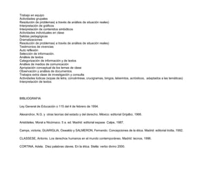 Trabajo en equipo
Actividades grupales
Resolución de problemas( a través de análisis de situación reales)
Interpretación de gráficos
Interpretación de contenidos simbólicos
Actividades individuales en clase
Salidas pedagógicas
Dramatizaciones
Resolución de problemas( a través de análisis de situación reales)
Testimonios de vivencias
Auto reflexión
Selección de información.
Análisis de textos
Categorización de información y de textos
Análisis de medios de comunicación
Apropiación conceptual de los temas de clase
Observación y análisis de documentos.
Trabajos extra clase de investigación y consulta
Actividades lúdicas (sopas de letra, concéntrese, crucigramas, bingos, laberintos, acrósticos, adaptados a las temáticas)
Interpretación de textos
BIBLIOGRAFIA
Ley General de Educación o 115 del 4 de febrero de 1994.
Alexandrov, N.G. y otras teorías del estado y del derecho. México: editorial Grijalbo, 1966.
Aristóteles. Moral a Nicómaco. 5 a. ed. Madrid: editorial espase Calpe, 1987.
Camps, victoria; GUARIGLIA, Oswaldo y SALMERON, Fernando. Concepciones de la ética. Madrid: editorial trotta, 1992.
CLASSESE, Antonio. Los derechos humanos en el mundo contemporáneo. Madrid: tecnos, 1996.
CORTINA, Adela. Diez palabras claves. En la ética. Stella: verbo divino 2000.
 