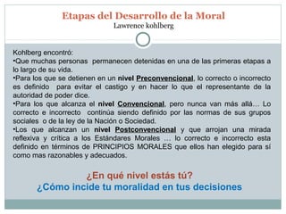 Etapas del Desarrollo de la Moral
Lawrence kohlberg
Kohlberg encontró:
•Que muchas personas permanecen detenidas en una de las primeras etapas a
lo largo de su vida.
•Para los que se detienen en un nivelnivel PreconvencionalPreconvencional, lo correcto o incorrecto
es definido para evitar el castigo y en hacer lo que el representante de la
autoridad de poder dice.
•Para los que alcanza el nivelnivel ConvencionalConvencional, pero nunca van más allá… Lo
correcto e incorrecto continúa siendo definido por las normas de sus grupos
sociales o de la ley de la Nación o Sociedad.
•Los que alcanzan un nivelnivel PostconvencionalPostconvencional y que arrojan una mirada
reflexiva y crítica a los Estándares Morales … lo correcto e incorrecto esta
definido en términos de PRINCIPIOS MORALES que ellos han elegido para sí
como mas razonables y adecuados.
¿En qué nivel estás tú?
¿Cómo incide tu moralidad en tus decisiones
 